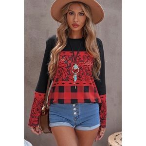 Red Plaid & Floral Print Long Sleeve Top